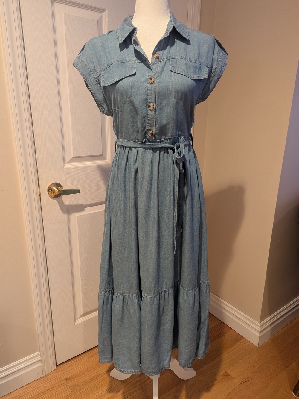August Sky Light Blue Chambray Lycocell Midi Shirt Dress with Tie Waist
